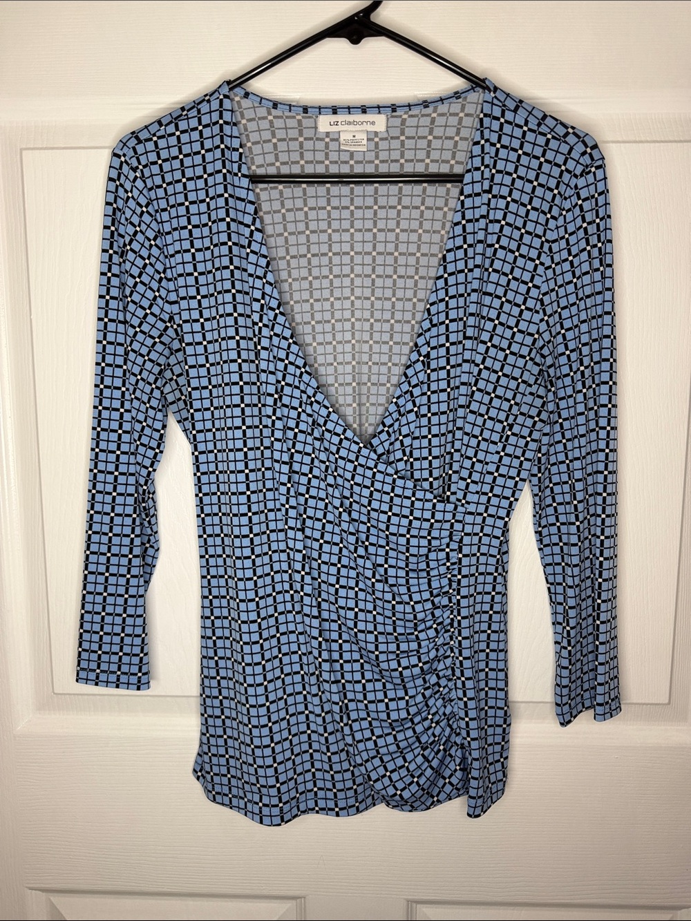 Liz Claiborne Light Blue and Black Geometric Wrap-Front Top